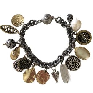 7" Chico's Charm Bracelet Celtic Heart Faux-Pearl Coin Chain Link Mixed Tone